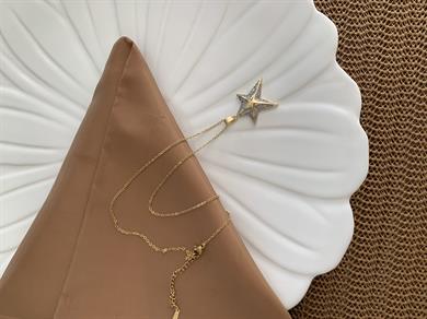 Çelik Gold İnce Zincir Zirkon Taşlı Duble Kutup Yıldız Kolye