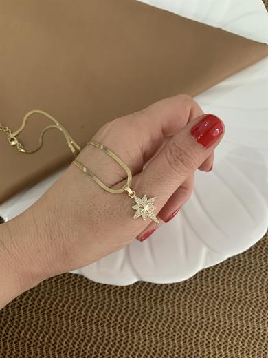 Çelik Gold İtalyan Zincir Zirkon Taşlı Kutup Yıldız Kolye