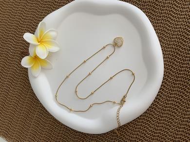 Çelik Gold Topçuk Sıralı Zirkon Taş Kalp Kolye