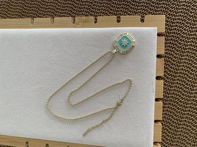 Çelik Gold Topçuk Zincir Zirkon Taşlı Mavi Yıldız Kare Kolye