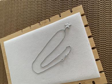 Çelik Gümüş Ezme Zincir Baget Taşlı Yıldız Kolye