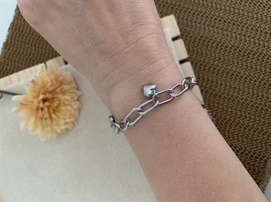 Çelik Gümüş İç İçe Geçme Zincir Kalp Anahtar Charm Bileklik