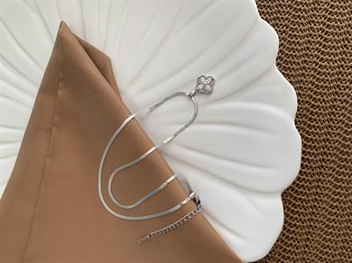 Çelik Gümüş İnce İtalyan Zincir Zirkon Taşlı Yonca Kolye