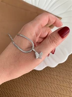 Çelik Gümüş İnce İtalyan Zincir Zirkon Taşlı Kelebek Kolye