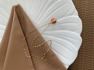 Çelik  İnce Pırıltılı Zincirli Uğur Böceği Kolye