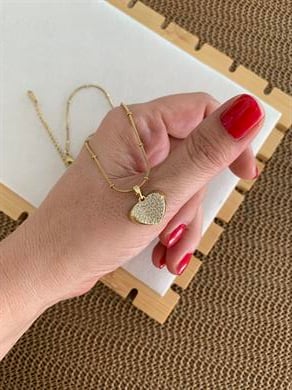 Çelik İnce Topçuk Zincir Komple Zirkon Taşlı Kalp Kolye