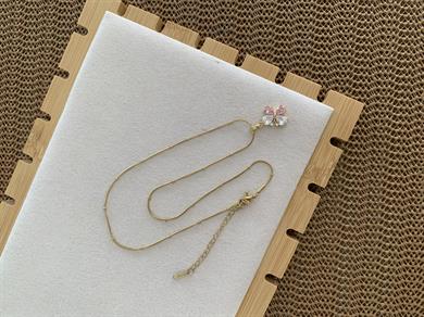 Çelik İnce Topçuk Zincir Renkli Baget Tek Taş Kelebek Kolye