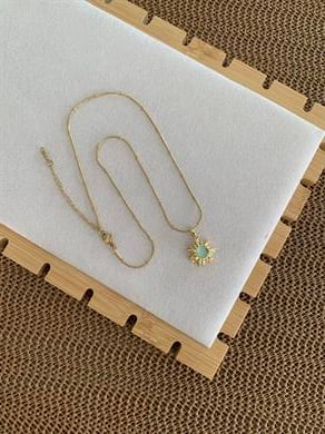 Çelik İnce Topçuk Zincir Yeşil Taşlı Güneş Kolye