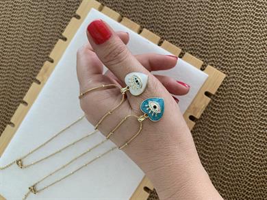 Çelik İnce Topçuk Zincirli Sdf Kirpikli Göz Kalp Kolye