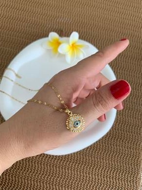 Çelik İnce Zincir Zirkon Taşlı Daire Göz Kolye 