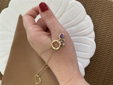 Çelik İnce Zincirli Yıldız Mor Taşlı Oval Charm Kolye