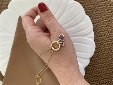 Çelik İnce Zincirli Yıldız Mor Taşlı Oval Charm Kolye