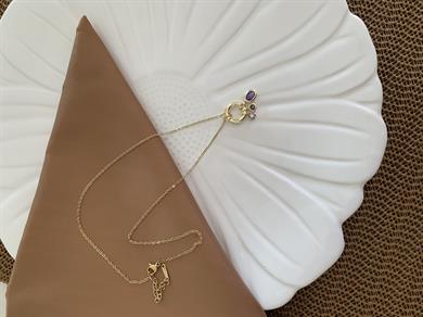 Çelik İnce Zincirli Yıldız Mor Taşlı Oval Charm Kolye