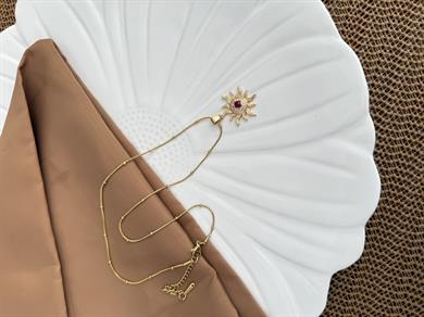 Çelik İtalyan Topçuk Zincirli Kırmızı  Zirkon Taşlı Güneş Kolye