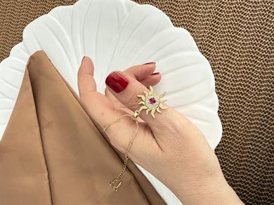 Çelik İtalyan Topçuk Zincirli Kırmızı  Zirkon Taşlı Güneş Kolye