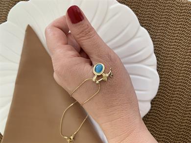 Çelik Tel Zincirli Gül Mavi Taşlı Oval Charm Kolye