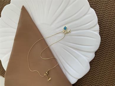 Çelik Tel Zincirli Gül Mavi Taşlı Oval Charm Kolye