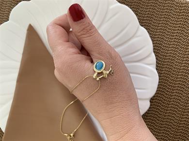 Çelik Tel Zincirli Gül Mavi Taşlı Oval Charm Kolye