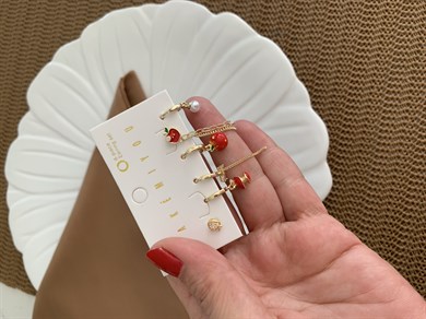 Özel Seri Gold Elma İnci Charm 6 LI Set Halka Küpe