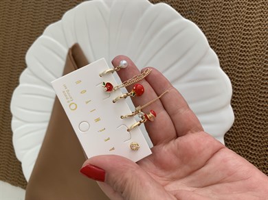 Özel Seri Gold Elma İnci Charm 6 LI Set Halka Küpe