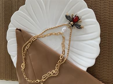 Özel Seri Orj Marka İkili İnci  Arılı Kolye 