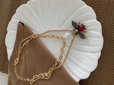 Özel Seri Orj Marka İkili İnci  Arılı Kolye 