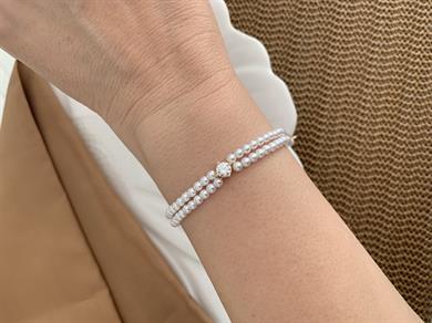 Vip 14k İki Sıra İncili Kare Tek Taşlı Bileklik