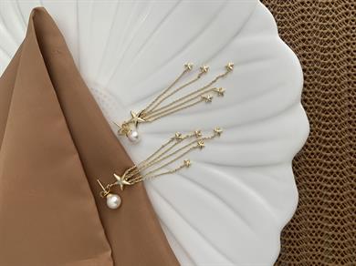 Vip 14k Top İncili Yıldız Sallantılı Tasarım Küpe