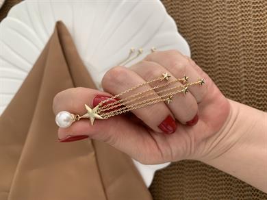 Vip 14k Top İncili Yıldız Sallantılı Tasarım Küpe