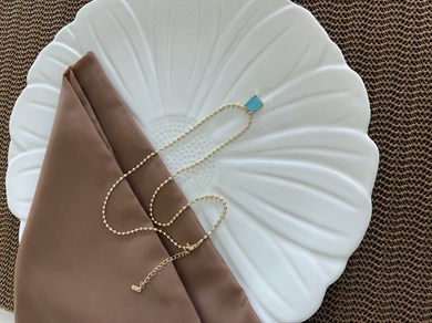 Vip Gold 45 Cm Topçuk Zincir Turkuaz Kare Taşlı Kolye