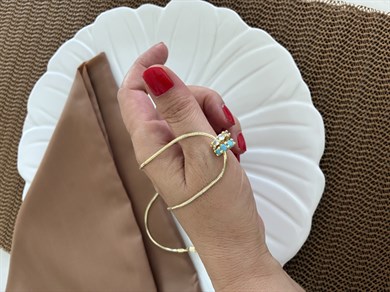 Vip Gold 50 Cm İtalyan Zincir Baget Taşlı Turkuaz Beyaz Daire Kolye