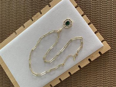 Vip Gold Ataç Zincir Kare Zümrüt Yeşili Baget Taş Tasarım Kolye