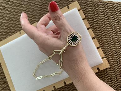 Vip Gold Ataç Zincir Kare Zümrüt Yeşili Baget Taş Tasarım Kolye