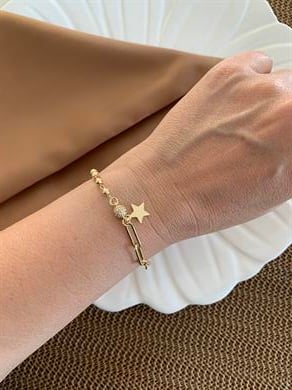 Vip Gold Ataç Zincir Zirkon Taşlı Top Yıldız Sallantılı Bileklik