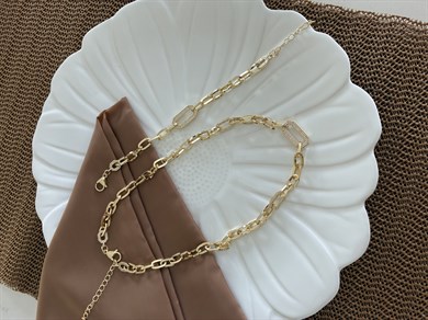 Vip Gold Ataç Zincirli Zirkon Taşlı Altıgen Tasarım Kolye Bileklik Set 