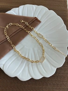 Vip Gold Ataç Zincirli Zirkon Taşlı Altıgen Tasarım Kolye Bileklik Set 