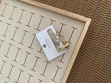 Vip Gold Baget Taşlı Biyeli Üçlü Set Halka Küpe