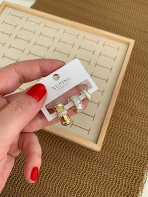 Vip Gold Baget Taşlı Biyeli Üçlü Set Halka Küpe