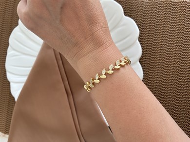 Vip Gold Baget Taşlı Plaka Yaprak Sıralı Bileklik