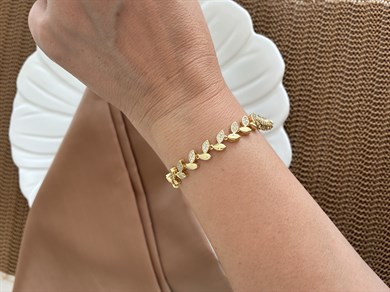 Vip Gold Baget Taşlı Plaka Yaprak Sıralı Bileklik