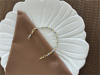 Vip Gold Beyaz Mavi Mineli Göz Sıralı Bileklik