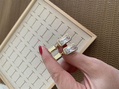 Vip Gold Dikdörtgen Baget Tek Taş Sallantılı Tasarım Küpe