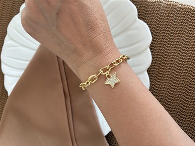 Vip Gold İç İçe Geçme Zincirli Zirkon Taşlı Yıldız Bileklik