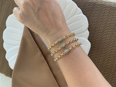 Vip Gold İç İçe Geçme Zincirli Zirkon Taş Mavi Nazar Top Bileklik