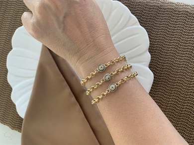 Vip Gold İç İçe Geçme Zincirli Zirkon Taş Mavi Nazar Top Bileklik