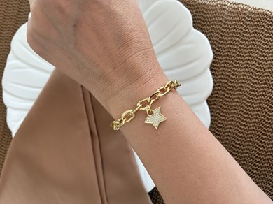 Vip Gold İç İçe Geçme Zincirli Zirkon Taşlı Yıldız Bileklik