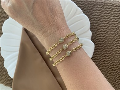 Vip Gold İç İçe Geçme Zincirli Zirkon Taş Beyaz Nazar Top Bileklik