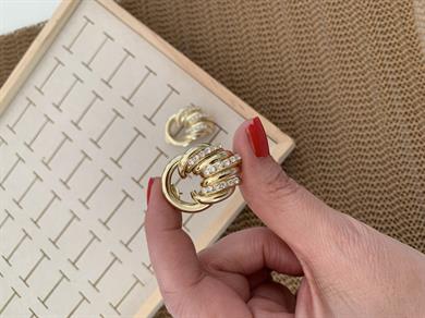 Vip Gold İç İçe Geçme Zirkon Taşlı Tasarım Küpe