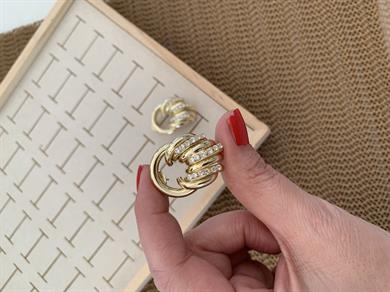 Vip Gold İç İçe Geçme Zirkon Taşlı Tasarım Küpe