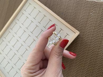 Vip Gold İki Li Dikdörtgen Baget Tek Taşlı U Küpe